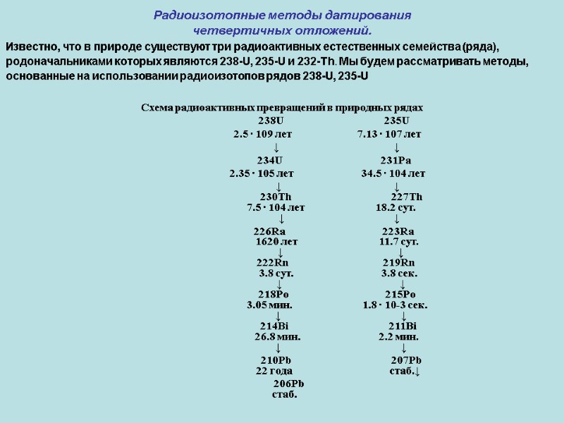 Радиоизотопные методы датирования  четвертичных отложений.  Известно, что в природе существуют три радиоактивных